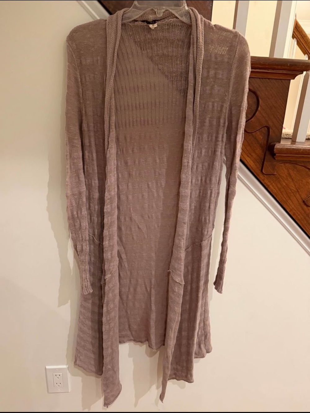 Free People Long Open-Front Cardigan in Taupe